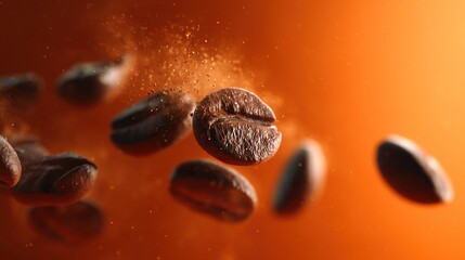 A close-up of coffee beans, accompanied by scattered particles and dust, with a depth-of-field blur effect, set against an orange background with dark shadows, creating a surreal visual effect.