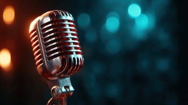 An elegant vintage microphone stands out with a blurred bokeh background, emphasizing nostalgia and the allure of music and performance in a sophisticated atmosphere.