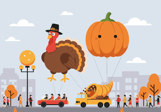 Thanksgiving parade balloons featuring turkey and pumpkin urban city digital festive atmosphere aerial view celebration theme