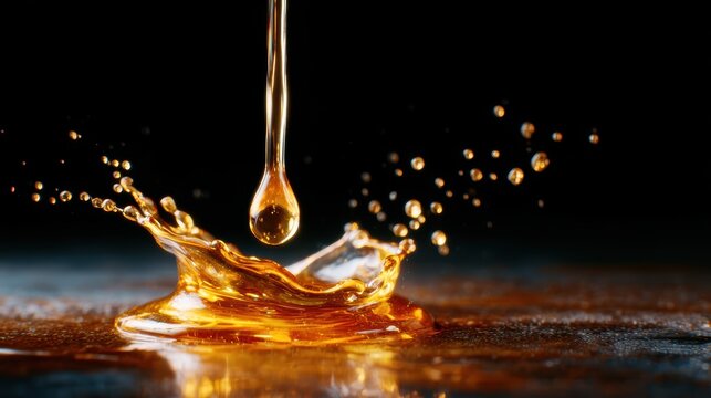 An elegant shot of liquid honey dripping onto a dark surface, capturing the essence of sweetness, richness, and fine dining experiences, poised to evoke desire and indulgence.