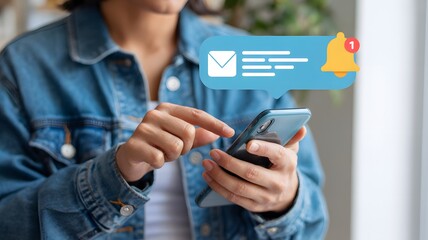 New notification concept. Man using smartphone with notification messages, incoming message reminders.