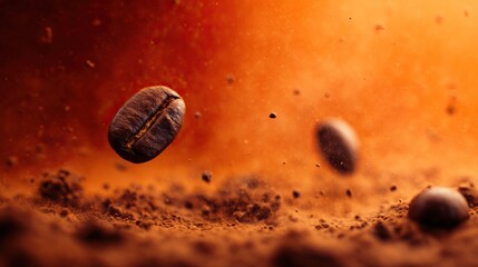 A close-up of coffee beans, accompanied by scattered particles and dust, with a depth-of-field blur effect, set against an orange background with dark shadows, creating a surreal visual effect.
