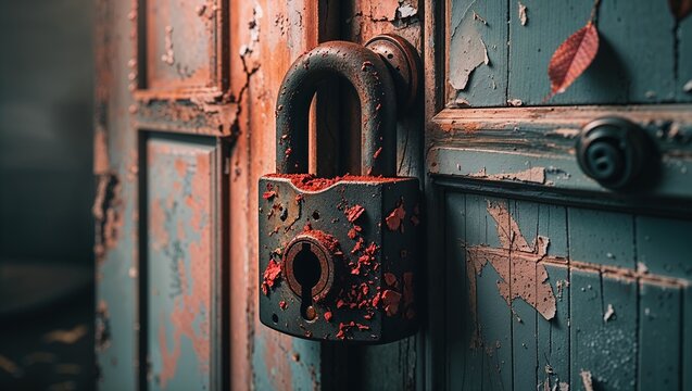 Closeup of a rusty old lock and hasp on a weathered wooden door. A rustic and atmospheric image of an old building, representing history, privacy, or abandonment.