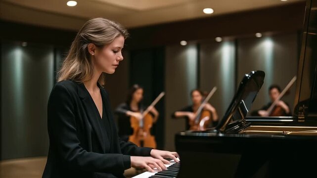female pianist rehearsing with string quartet in bright rehearsal hall collaboration artistic synergy three quarter wide angle cinematic color correction gentle backlight clean