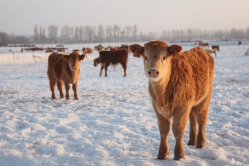 Naklejka premium Winter Scene with Cows and Calves on a Rural Farm: Agriculture and Livestock in a Cold Environment