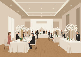 Elegant wedding reception in modern venue table arrangement indoor setting formal atmosphere guest perspective
