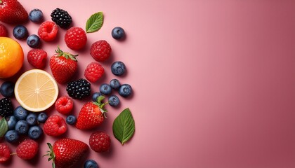 a flat lay of various fresh berries on a pink background providing ample copy space for text