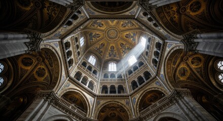Inside a grand cathedral, looking up at a golden dome.  Sunlight streams through a high window