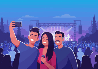 Obraz premium Concert selfie with friends at night festival outdoor event vibrant atmosphere joyful people fun experience
