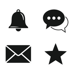 Set of four simple black icons bell speech bubbles envelope and star, Vector Design, Icon Design