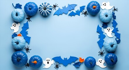 Blue halloween frame with pumpkins bats and ghosts on a light blue background flat lay design