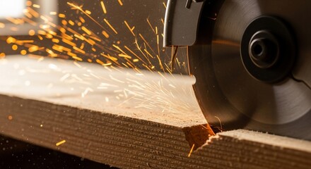 A close-up shot of a circular saw blade cutting through a wooden plank, generating bright sparks.