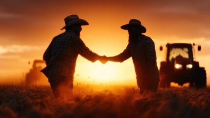Obraz premium This silhouette image of two farmers shaking hands against a stunning sunset backdrop symbolizes partnership, cooperation, and the hard work that goes into agriculture.