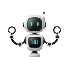 robot,bot,ai 3d realistic white and black cartoon robot mascot waving hands with a hi text on screen