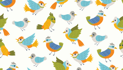 Cute seamless pattern with funny birds in random order in flat cartoon style. Bright hand drawn clipart for textile, background, decoration, wrapping, wallpaper and creative projects.
