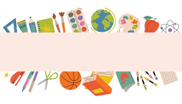 Cute Back to School card with borders of school and art supplies like books, globe, paints and brushes in flat cartoon style. Perfect poster for greeting, invitation, study and education design.