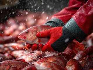 A person wearing red gloves holds a fresh red fish, with water droplets splashing over a pile of similar fish.