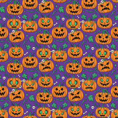 Seamless Halloween pattern with spooky pumpkins and scary jack o lanterns