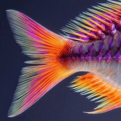 Close-up of a fish"s colorful tail and fin, showing vibrant orange, purple, and pink hues with intricate details against a dark background.