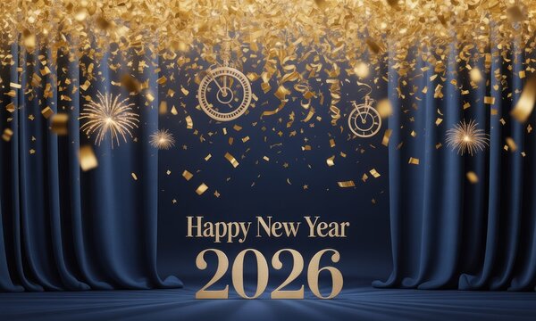 New Year 2026 celebration with gold confetti and navy drapes