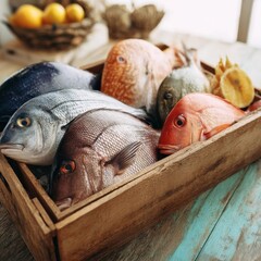 A rustic wooden crate filled with various colorful whole fish displayed on a weathered blue surface.