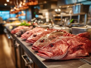 Fresh whole red fish lined up on a counter in a well-lit restaurant kitchen, ready for preparation.