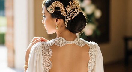 A woman with an elaborate gold headpiece and a white dress with intricate lace details on the back.