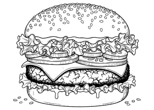 Crispy chicken sandwich or cheeseburger vector illustration. Detailed hand-drawn monochrome line art of a classic American fast food meal for a menu or coloring book page.

 - Powered by Adobe