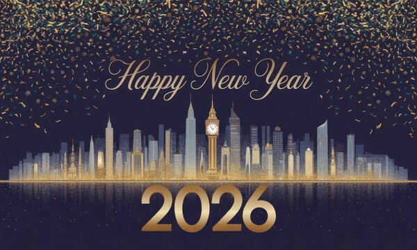 New Year's greeting with city skyline. Golden confetti and numerals 2026 over dark background with city silhouettes and reflections - Powered by Adobe