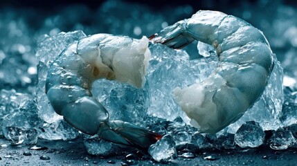 Two raw shrimp placed on crushed ice, showcasing freshness and seafood quality in a cool, dark setting.