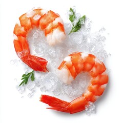 Two peeled cooked shrimp on crushed ice with small green herbs on a white background.