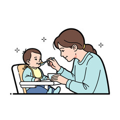 An illustration of a loving mother spoon-feeding her happy baby in a high chair