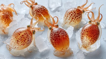 Fresh small squids with reddish spots displayed on crushed ice, highlighting their translucent bodies and tentacles.