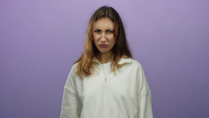 Obraz premium Woman frowning in front of an isolated purple background wearing a white sweatshirt, expressing displeasure with a serious expression in a studio setting.