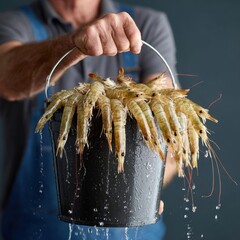 A person holds a black bucket filled with fresh, wet shrimp, with water dripping down the sides against a blurred background.