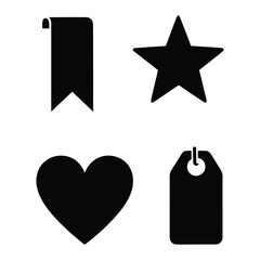 Set of four black icons bookmark star heart and tag, Vector Design, Icon Design