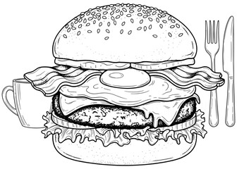 Breakfast burger with fried egg and bacon vector illustration. Detailed monochrome line art of a gourmet American cheeseburger for a restaurant menu or coloring book page.

