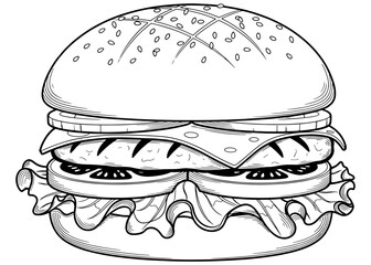 Double cheeseburger vector icon. Clean monochrome line art illustration of a big American fast food burger with a scored bun for a restaurant menu, logo or coloring page.

