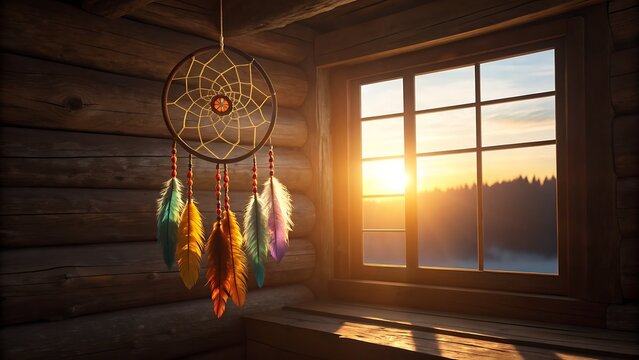 Handmade dreamcatcher with colorful feathers hanging by a window