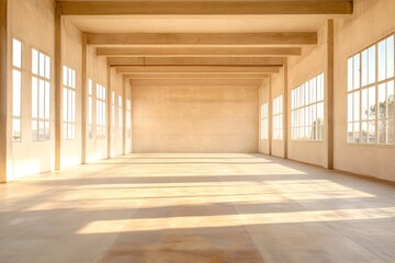 Empty concrete warehouse interior with sunlight and shadows