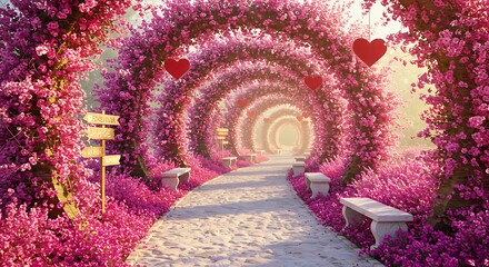 Romantic floral tunnel with heart decorations and benches perfect for celebrations