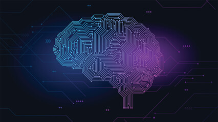 Futuristic illustration of digital brain circuit technology with artificial intelligence design showing neural network pattern and innovation concept