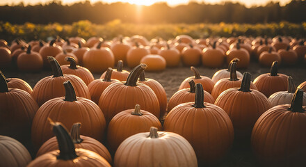 Fototapeta premium A field of pumpkins at sunset with the sun shining brightly in the background and a clear sky above ai generated