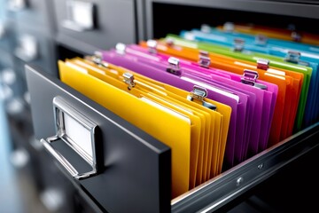 Filing cabinet drawer opening with colorful files