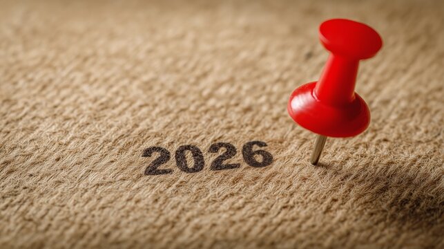Red Push Pin Marking Year 2026 on Paper Background