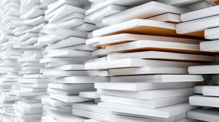 An artistic arrangement of white books stacked in an orderly manner, representing knowledge accumulation, organization, and the beauty of literature in contemporary spaces.