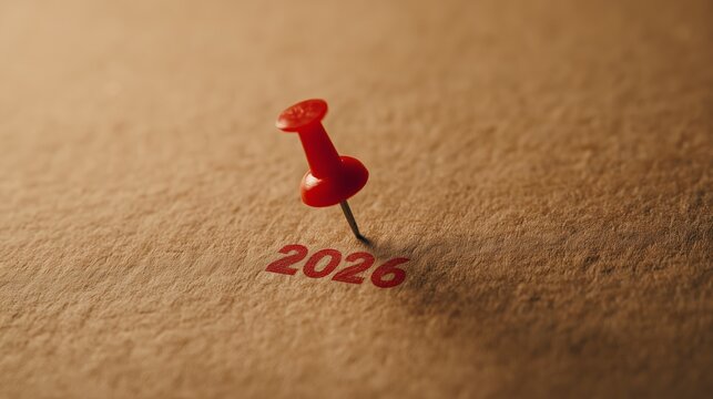 Red Push Pin Marking Year 2026 on Paper Background - Powered by Adobe