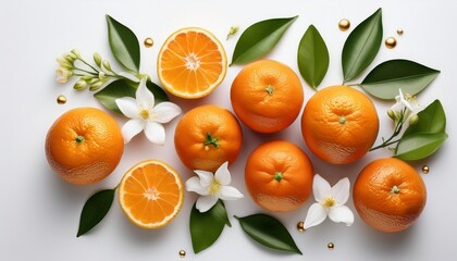 Fresh Tangerines And Citrus Blossoms On A White Background With Green Leaves And Gold Accents