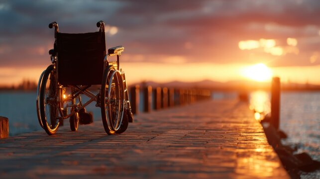 A solitary wheelchair rests on a pier under a breathtaking sunset, evoking feelings of solitude and contemplation in powerful landscape photography.