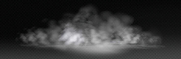 Realistic white smoke cloud on dark background with floor creeping fog texture.